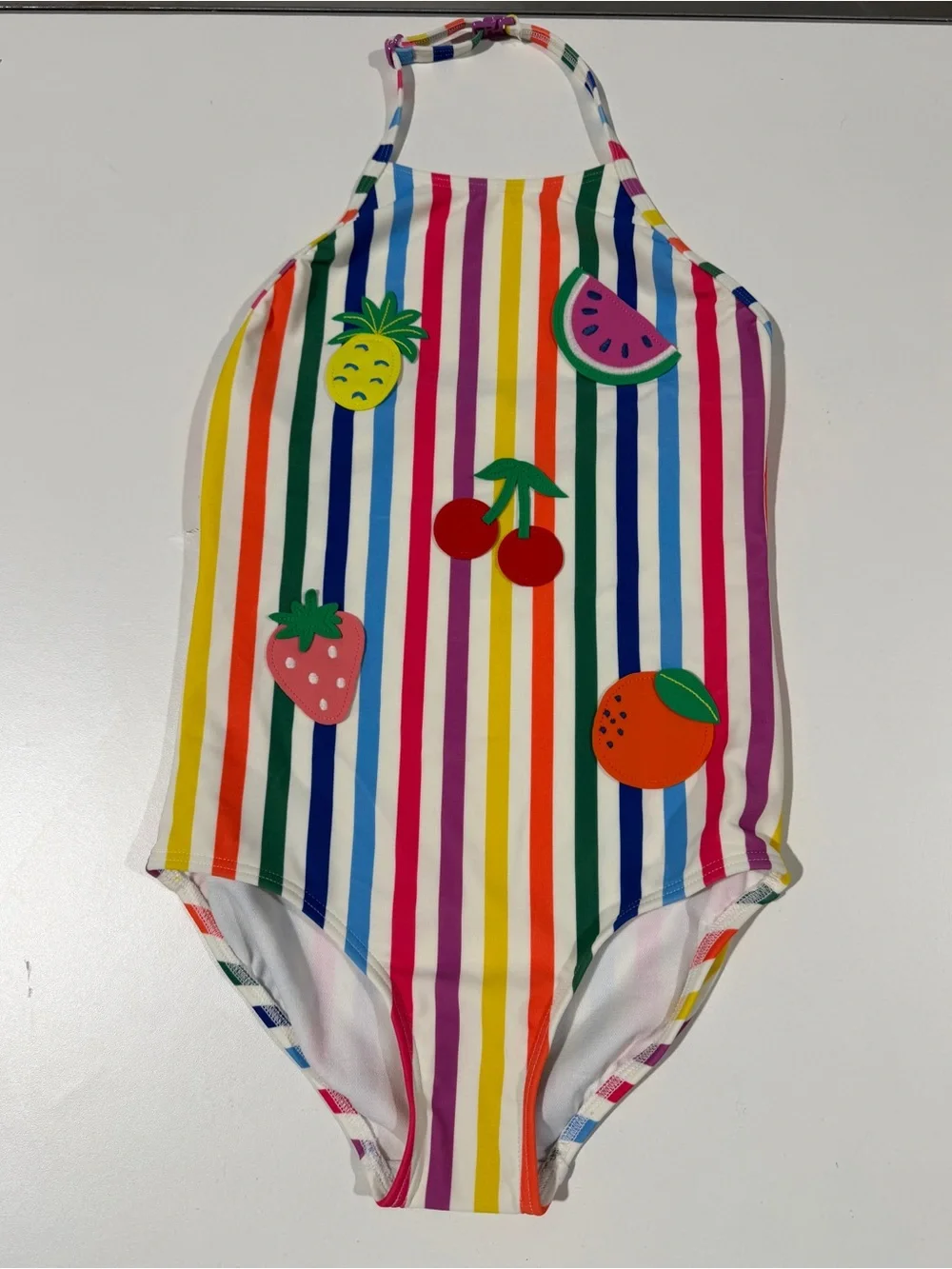 Mini Boden Ellery Rainbow Stripe Swimsuit, Fruit, size 7-8 year, NWOT
